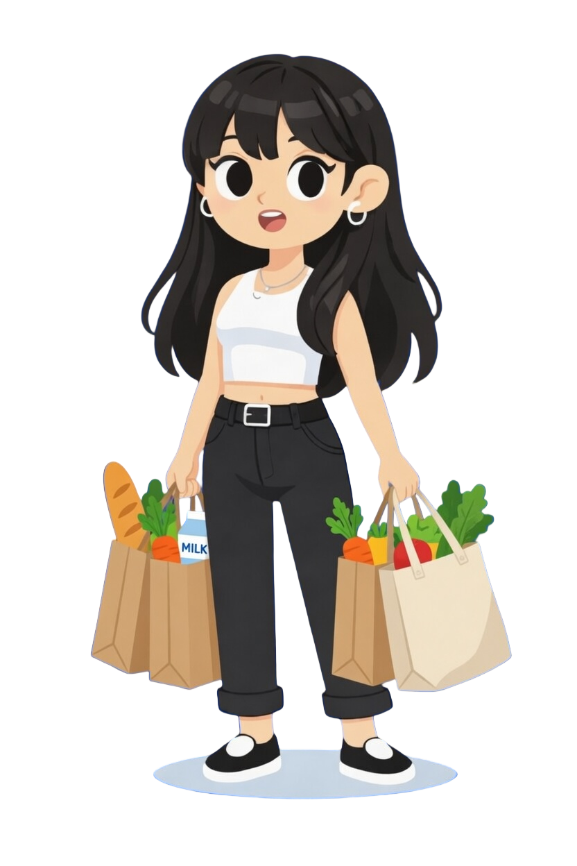 Jackie carrying groceries